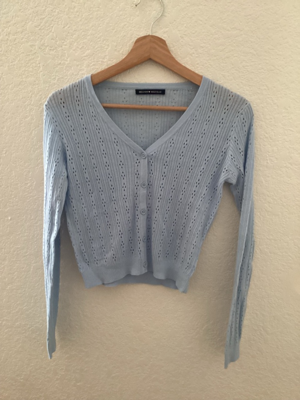 BRANDY MELVILLE Shannon Eyelet Lightweight Cardigan in Light Baby Blue, One Size